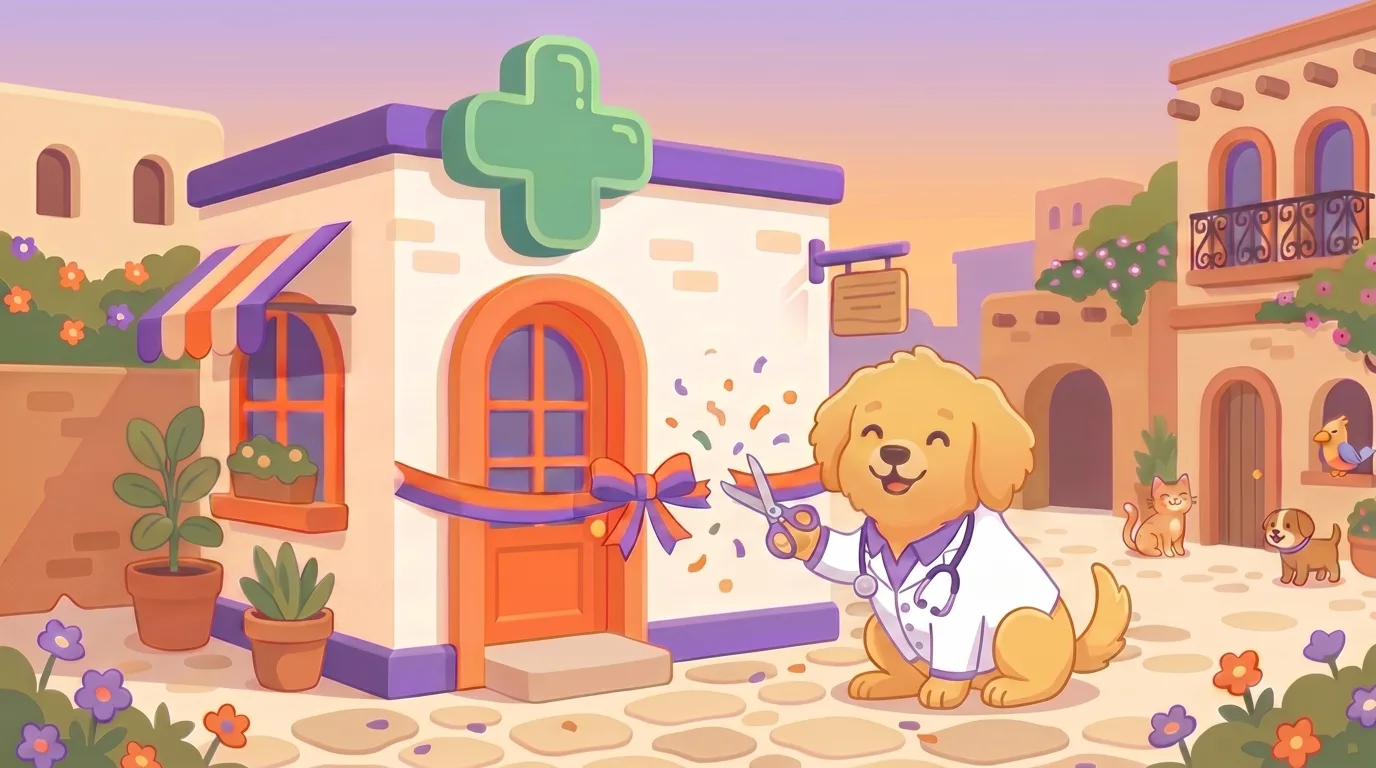 Cachorro con bata de veterinario frente a una clínica veterinaria recién inaugurada en México
