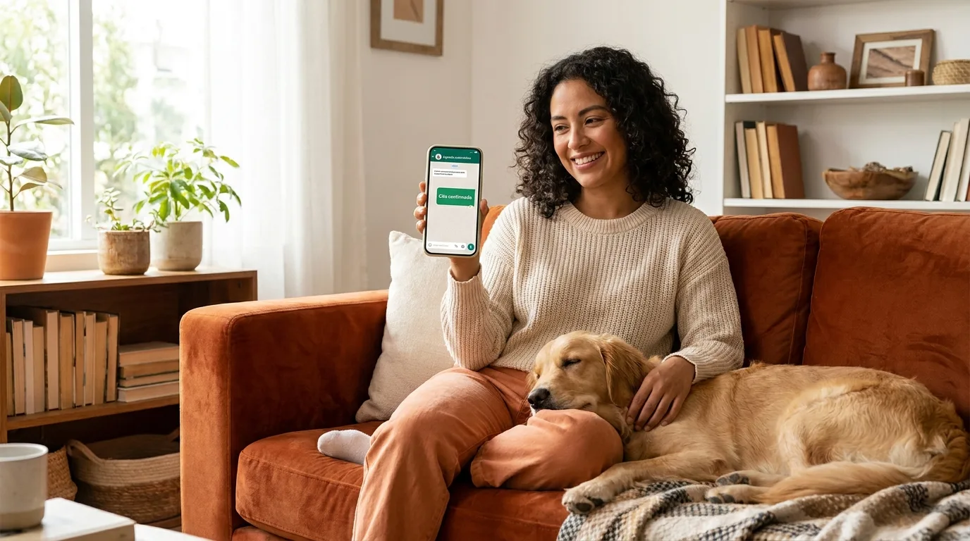 Veterinario tranquilo con su celular mientras su agente IA en WhatsApp agenda las citas de la clínica