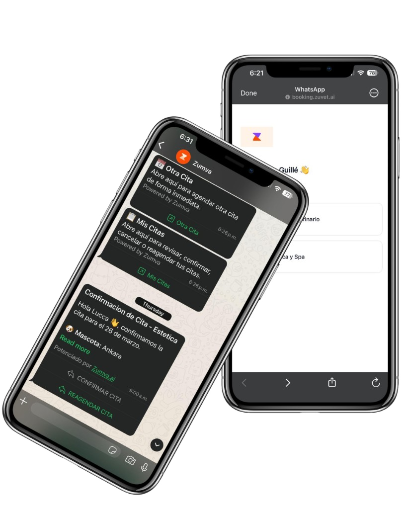 Vista previa del chatbot y confirmaciones por WhatsApp