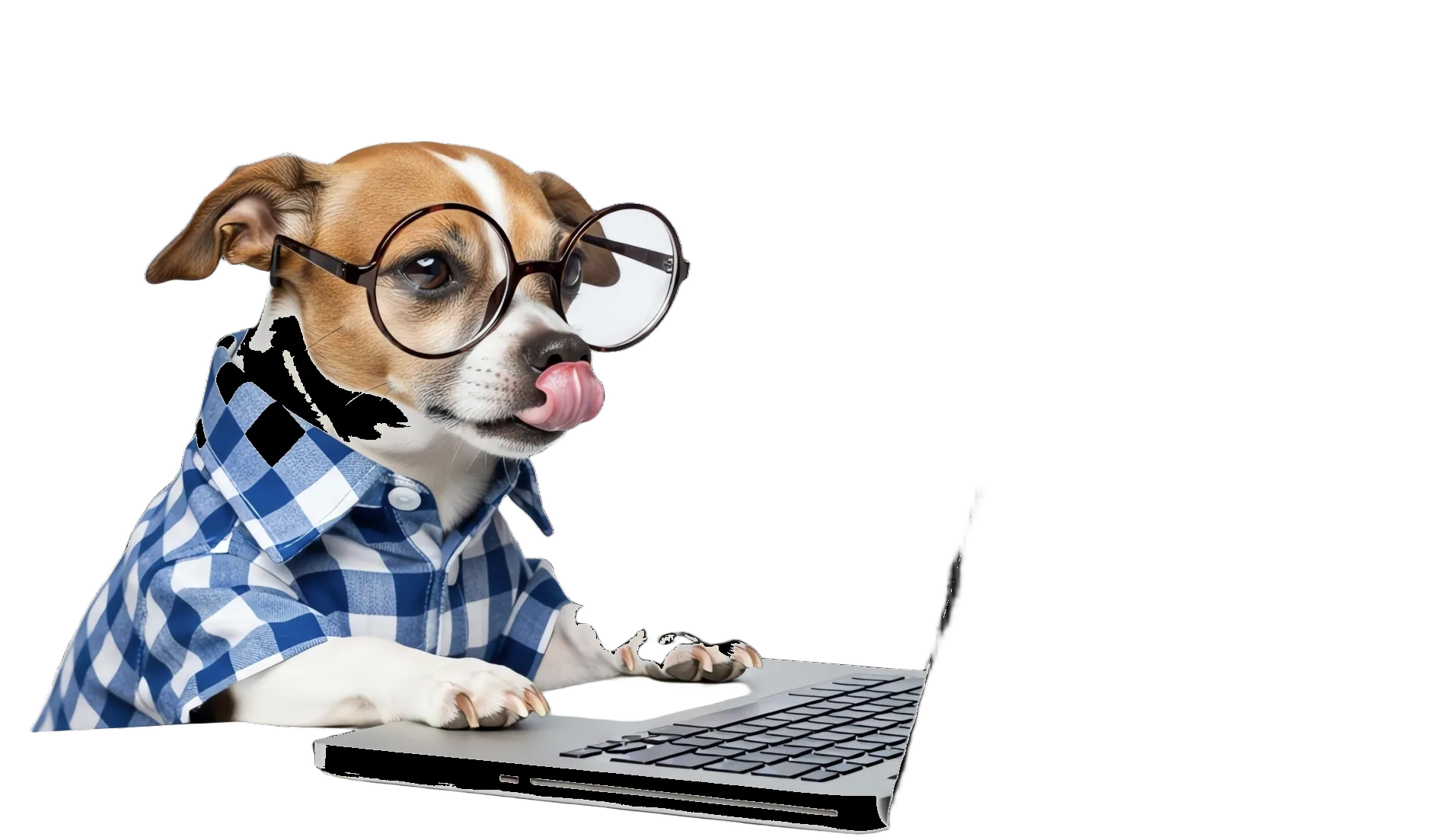 Perrito con lentes y laptop evaluando software veterinario