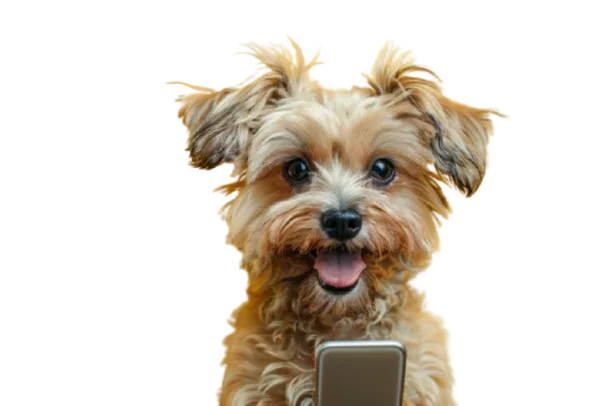 Cachorro contento con un teléfono — WhatsApp automatizado para veterinarias