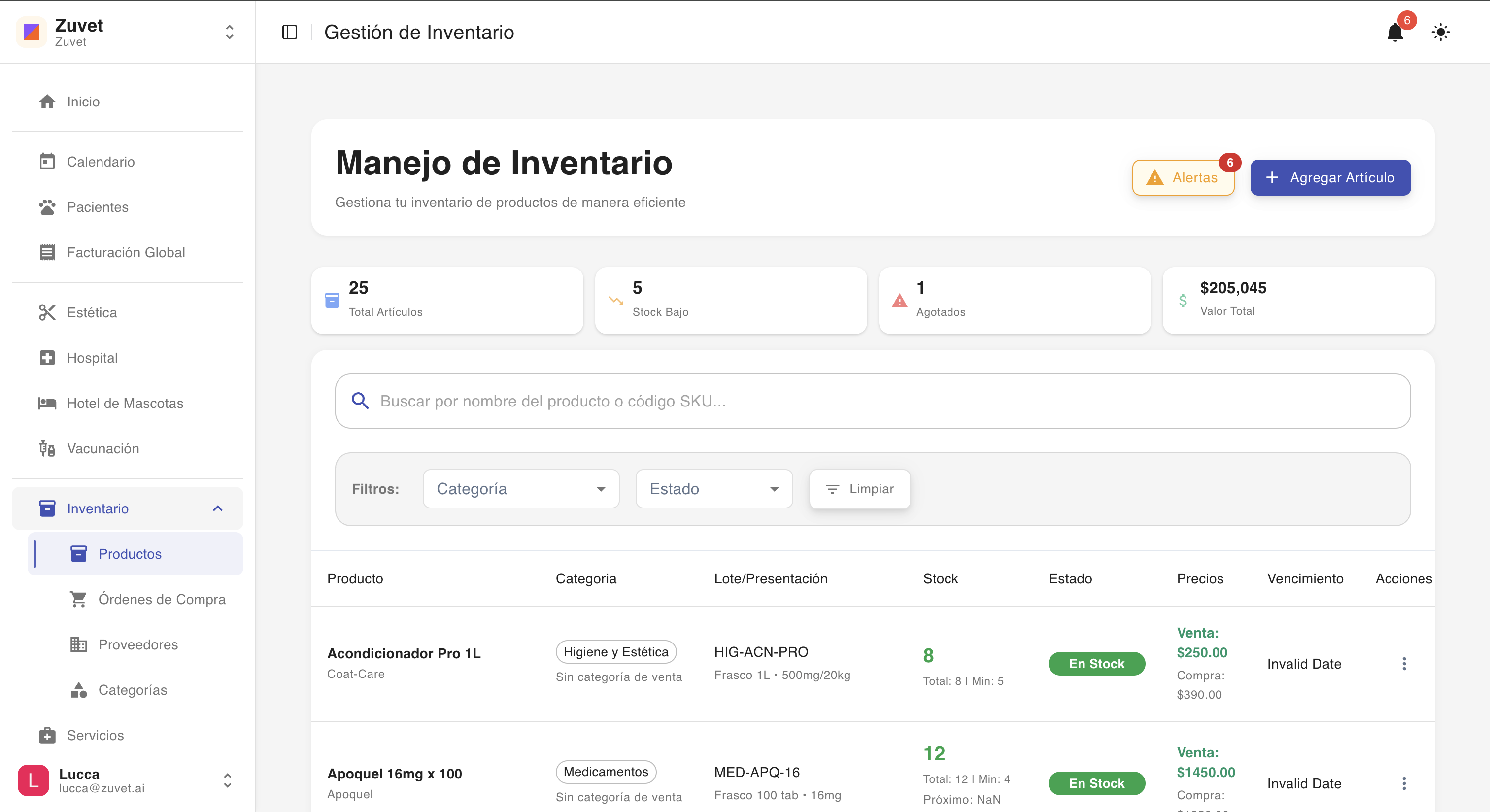 Módulo de Inventario en Zuvet: Stock, caducidad y precios sin caos